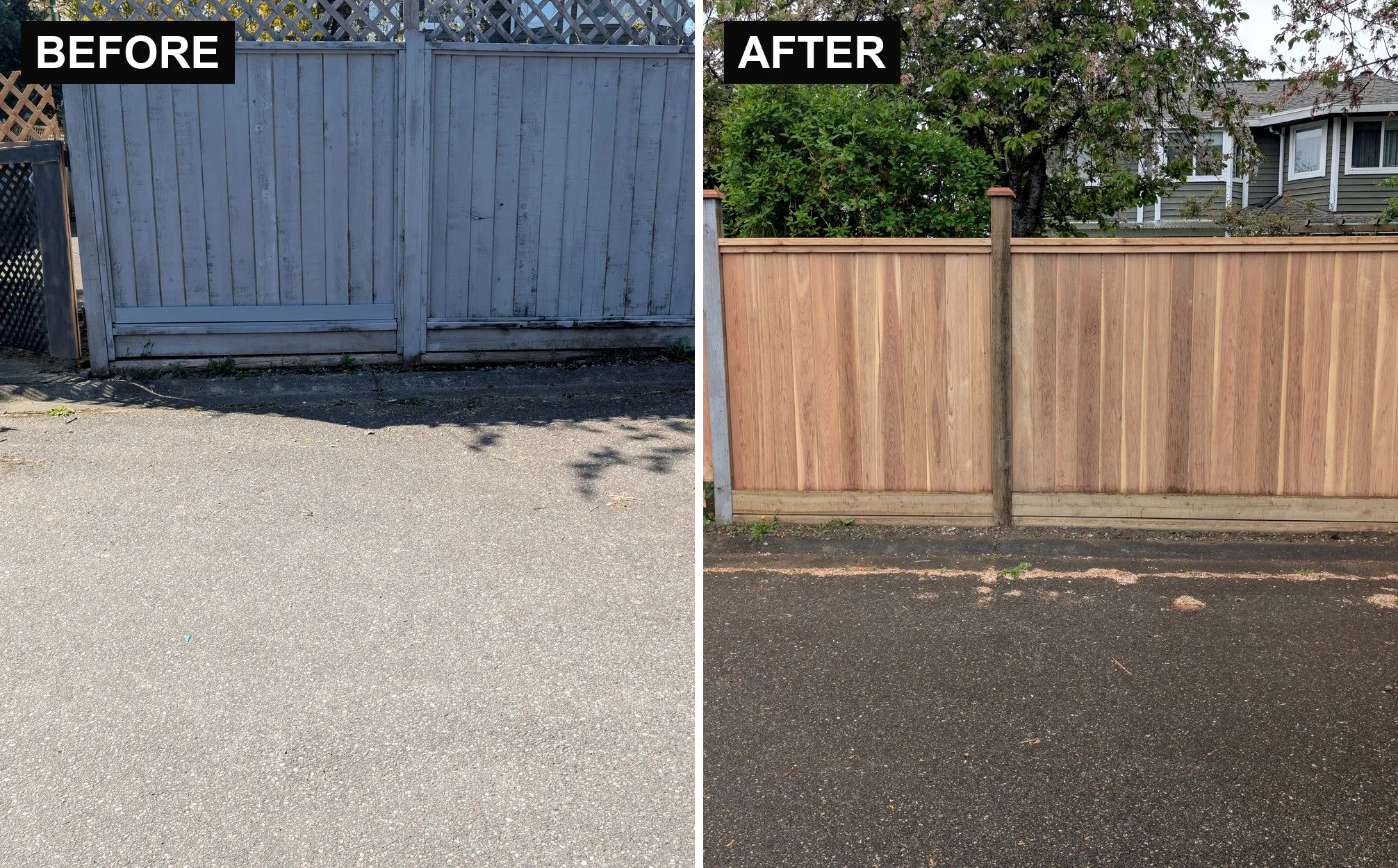 Before and after of a leaning old fence replaced with new cedar in Surrey